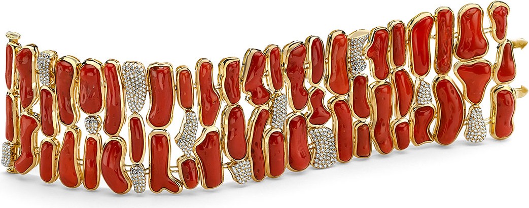Pamela Huizenga 18K Gold & Coral Cabochon Cuff Bracelet with Diamonds