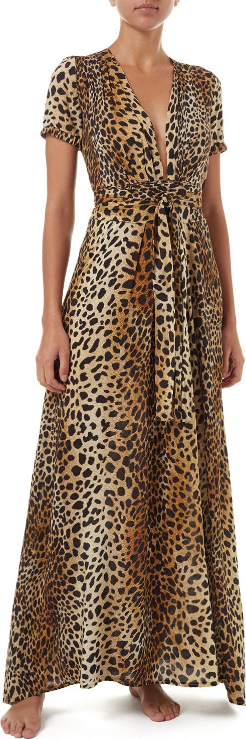 Melissa Odabash Lou Cheetah-Print Belted Short-Sleeve Maxi Dress