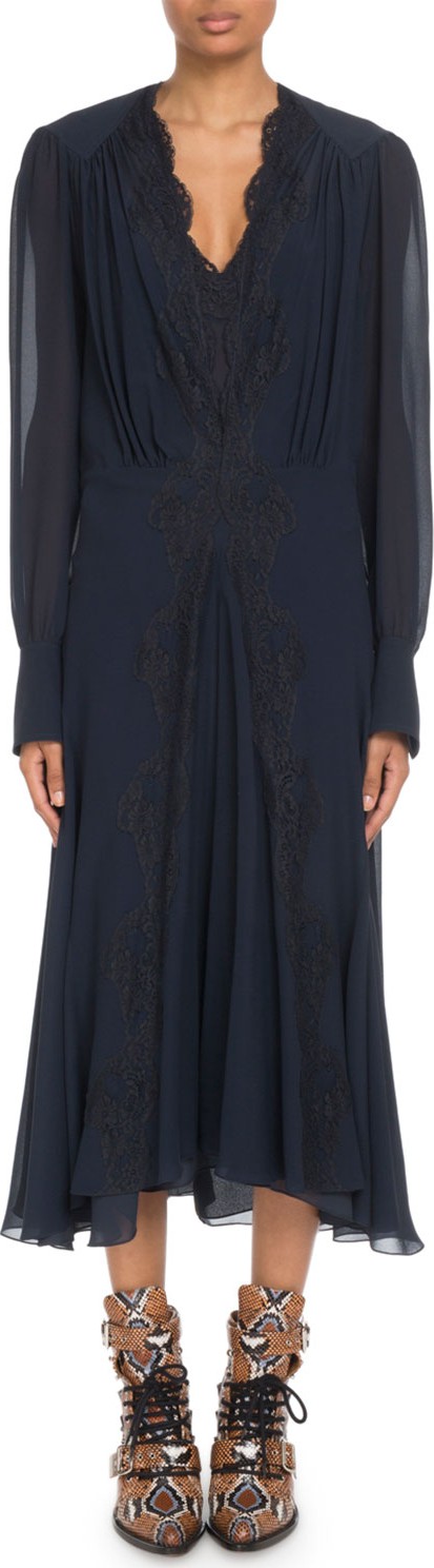Chloe Lace-Trimmed V-Neck Georgette Midi Dress