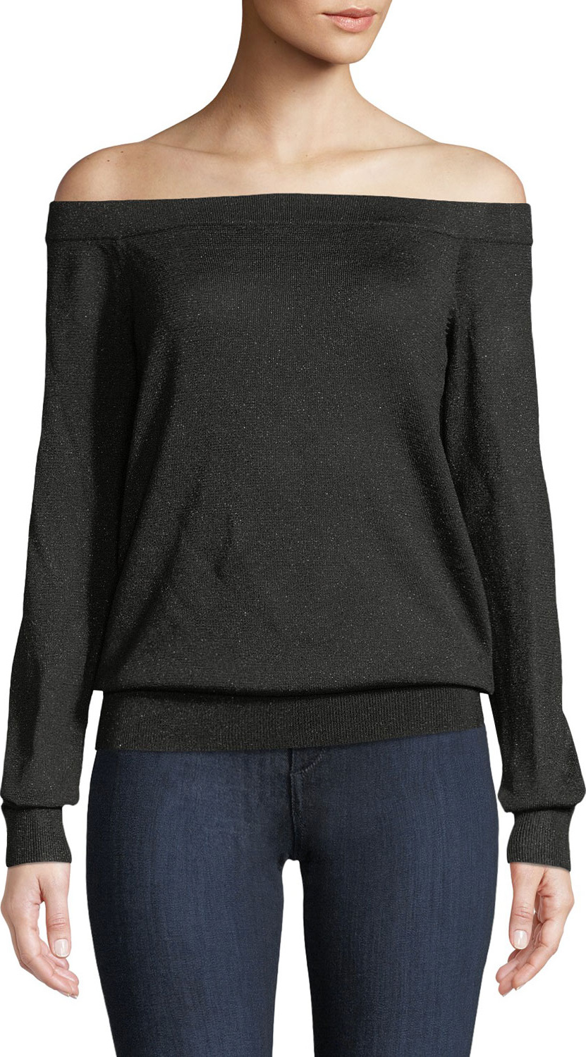 Michael Kors Collection Off-the-Shoulder Long-Sleeve Metallic-Knit Pullover Sweater