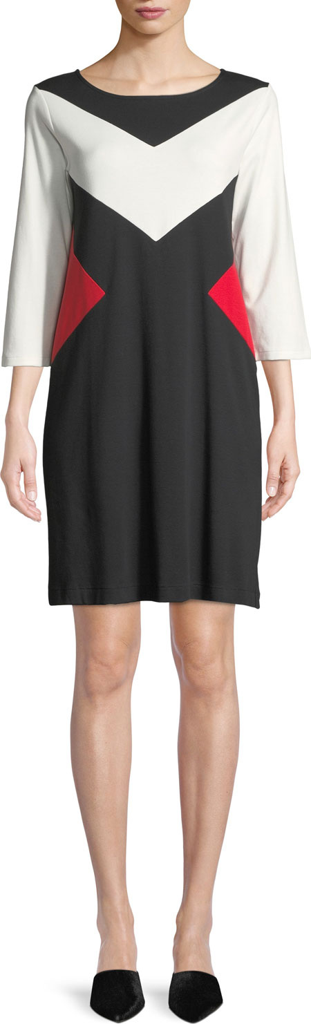 Joan Vass Boat-Neck 3/4-Sleeve Colorblock Cotton A-Line Dress