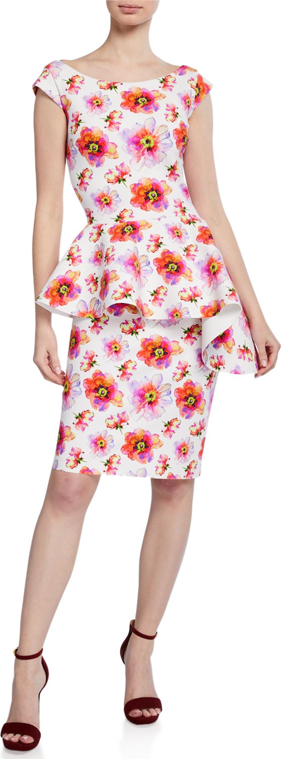 La Petite Robe di Chiara Boni Etheline Floral-Print Boat-Neck Cap-Sleeve Peplum Dress