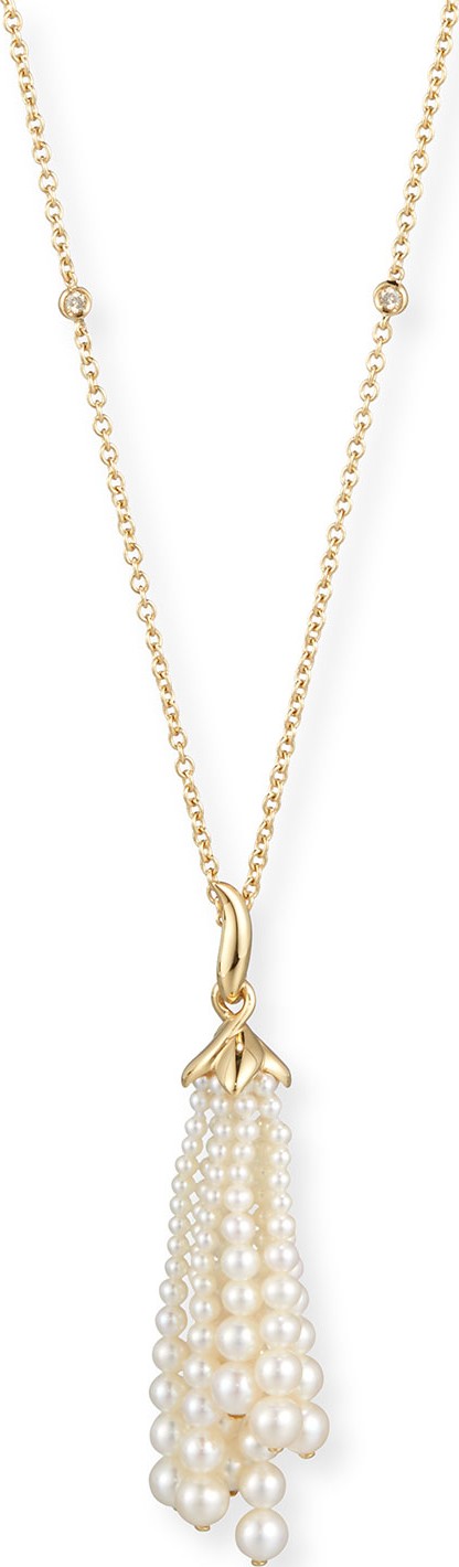 Utopia Pearl Tassel Pendant Necklace with Diamonds in 18K Gold