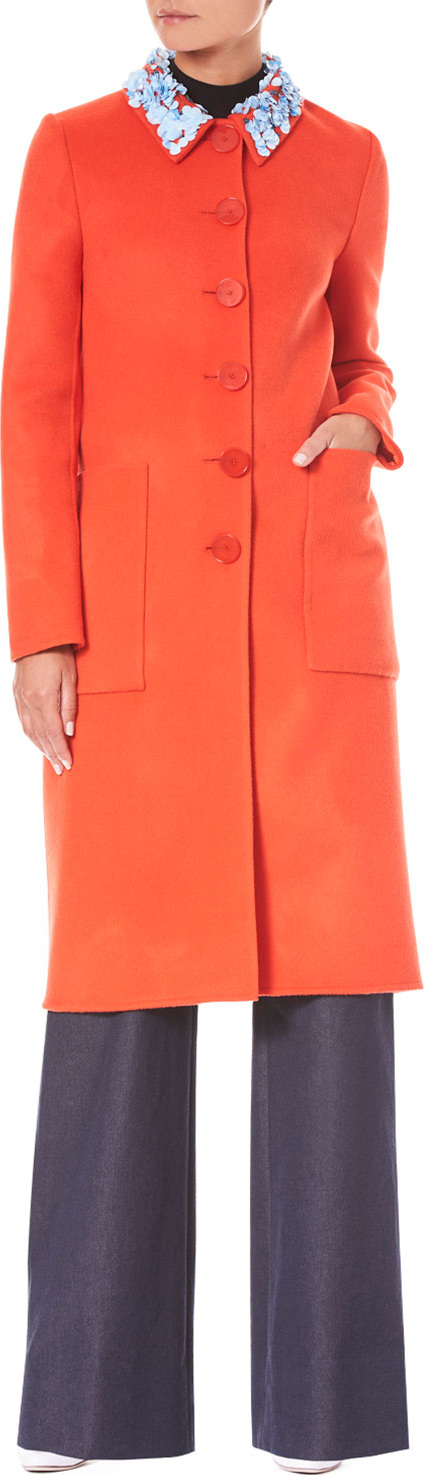 Carolina Herrera Button-Front Embroidered-Collar Wool-Cashmere Coat