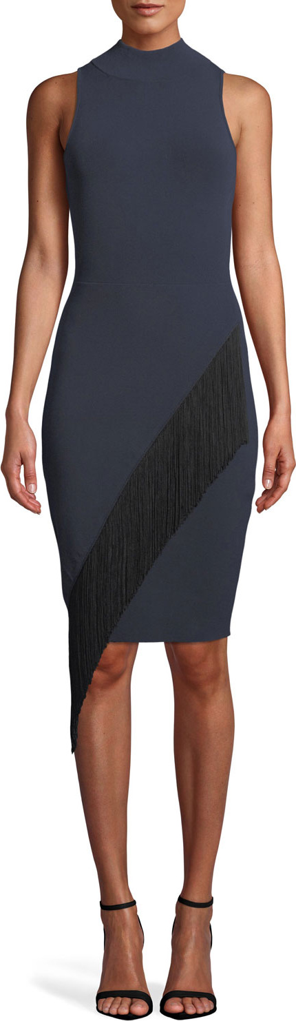 MILLY Mock-Neck Sleeveless Body-Con Angled Fringe Dress