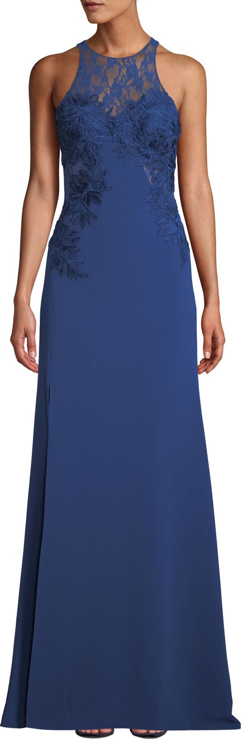 HALSTON HERITAGE Sleeveless High-Neck Gown With Floral Embroidery