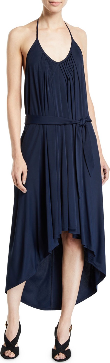 Fuzzi High-Low Halter Jersey Dress w/ Belt