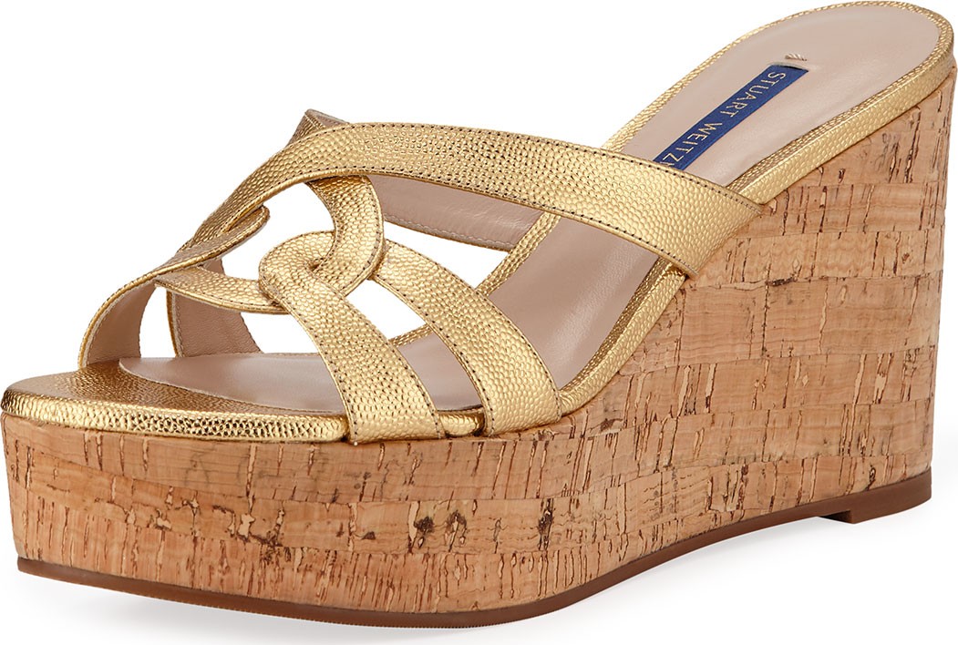 Stuart Weitzman Cadence Metallic Leather Wedge Sandals