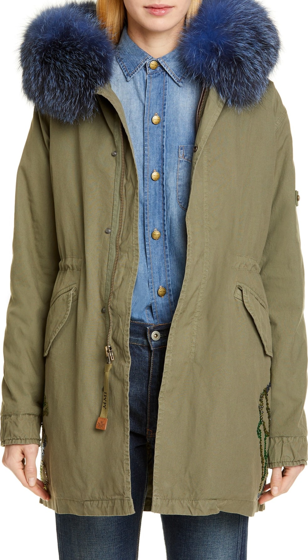 Mr&Mrs Italy Crystal Embellished Parka with Removable Genuine Fox Fur Trim