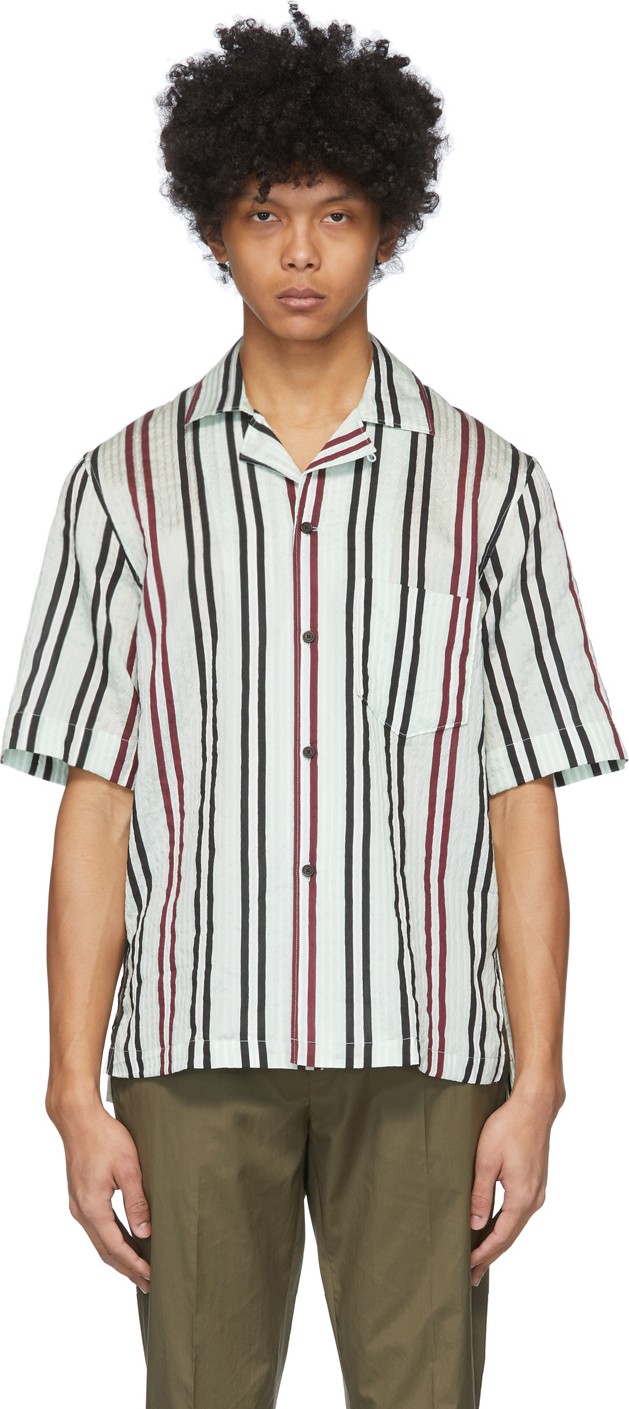 Acne Studios White & Burgundy Striped Short Sleeve Shirt