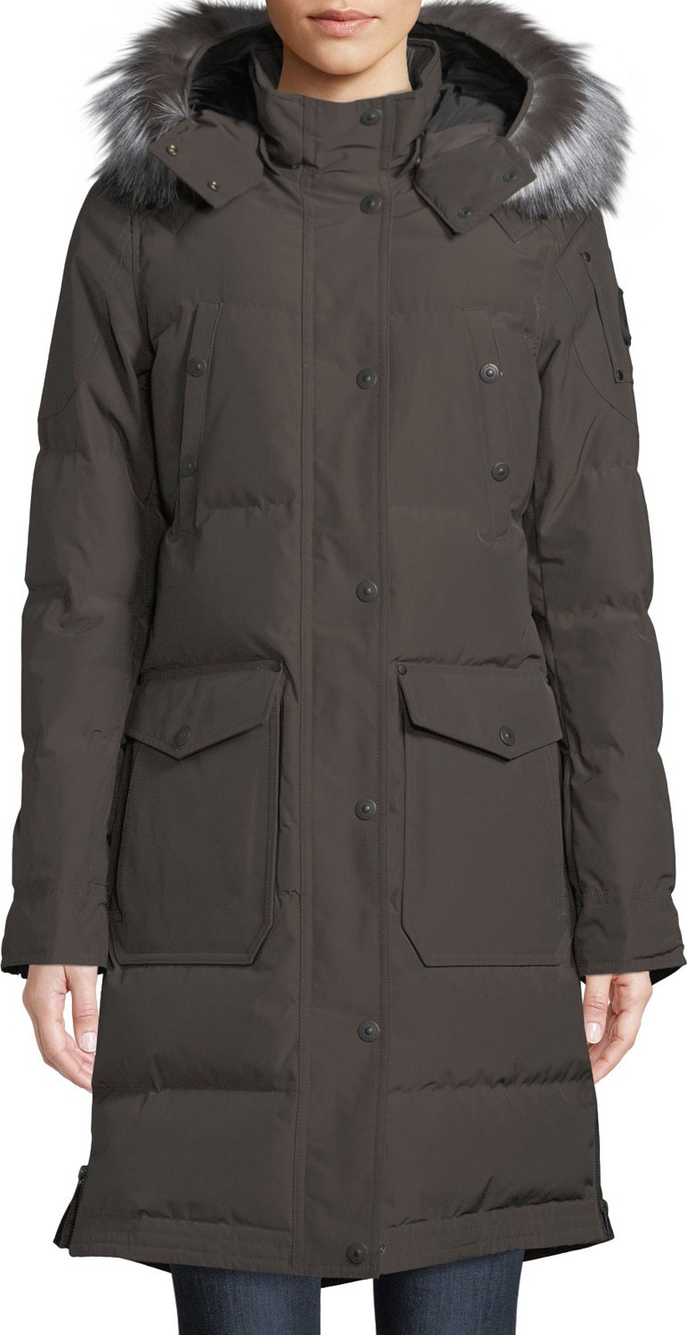 Moose Knuckles Salmon River Long Parka Coat w/ Removable Fur Hood