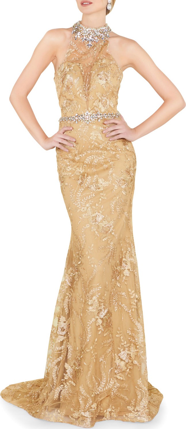 Mac Duggal Halter Beaded Illusion Column Gown with Lace Applique & Open Back
