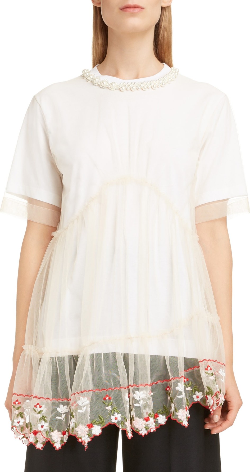 Simone Rocha Imitation Pearl Embellished Layered Tulle Tee