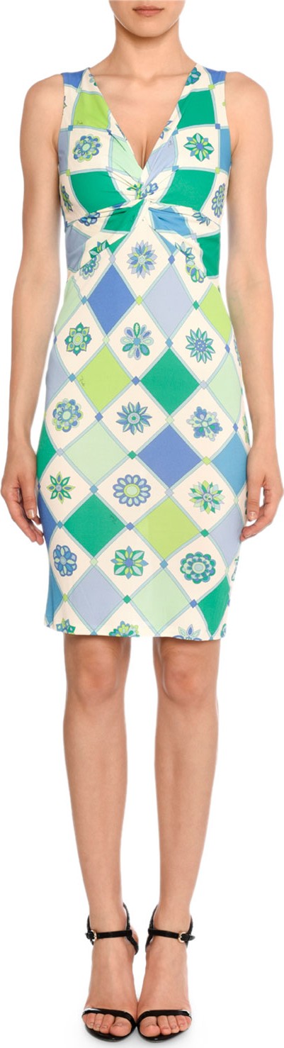 Emilio Pucci Twist-Front Sleeveless 1960's Wallpaper-Print Sheath Dress