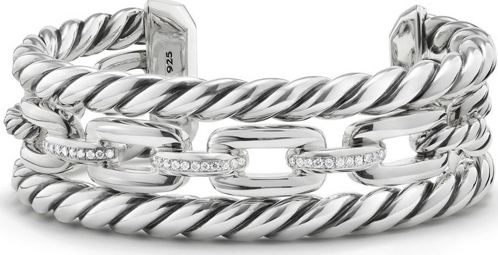 David Yurman Wellesley Sterling Silver Three-Row Cuff Bracelet with Diamonds