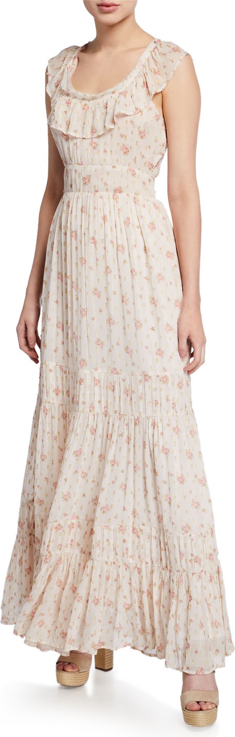 LOVESHACKFANCY Joanne Floral Scoop-Neck Sleeveless Tiered Silk Dress
