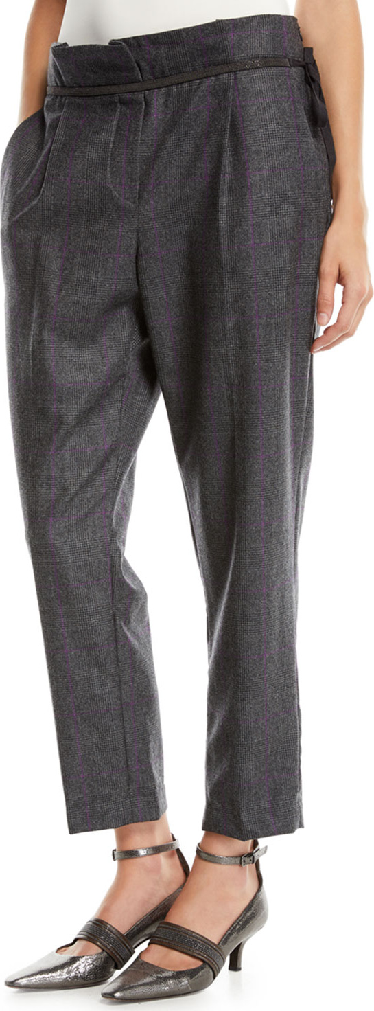 Brunello Cucinelli Wool Check Side-Zip Pants w/ Monili Waistband