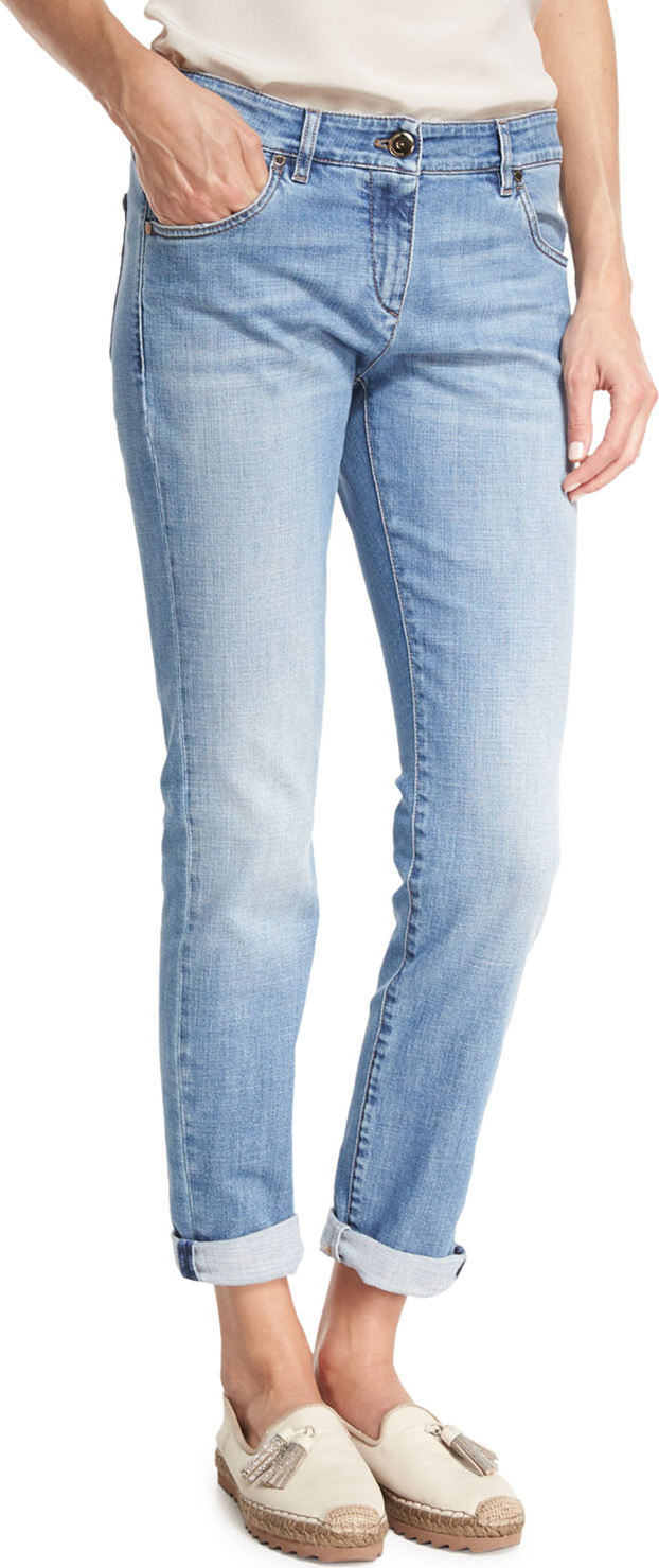 Brunello Cucinelli Light Denim Slim-Leg Jeans w/Rolled Hem, Blue