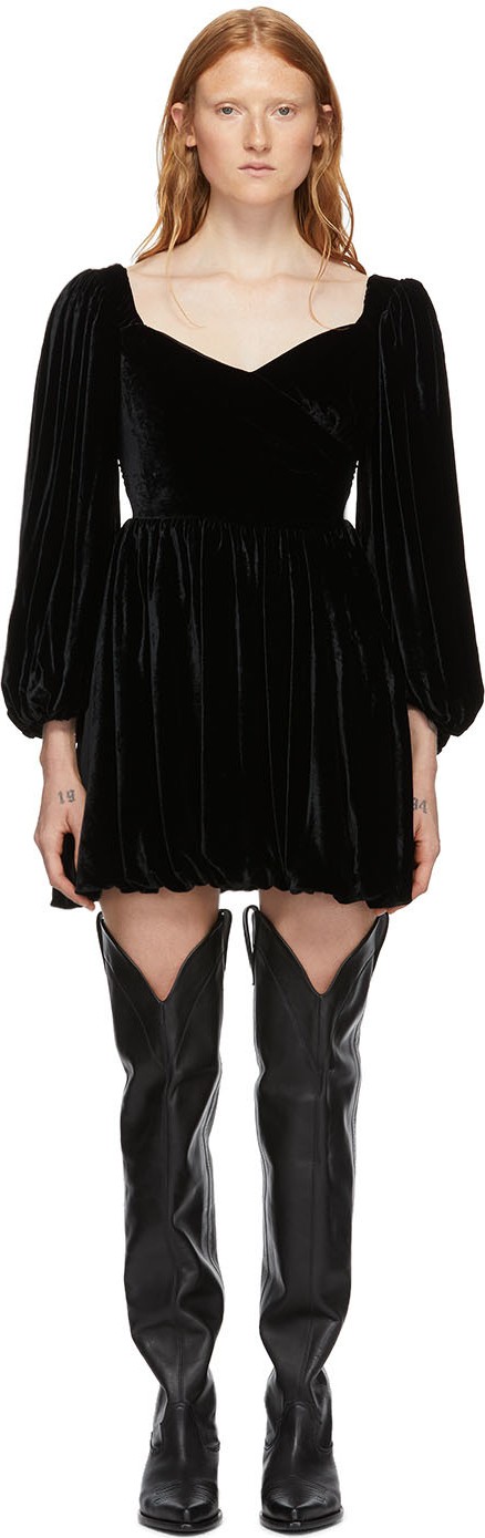 WANDERING SSENSE Exclusive Black Velvet Puff Sleeve Mini Dress