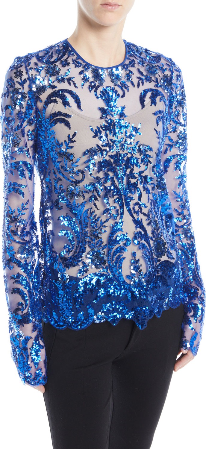 Naeem Khan Jewel-Neck Long-Sleeve Sequined Lace Blouse