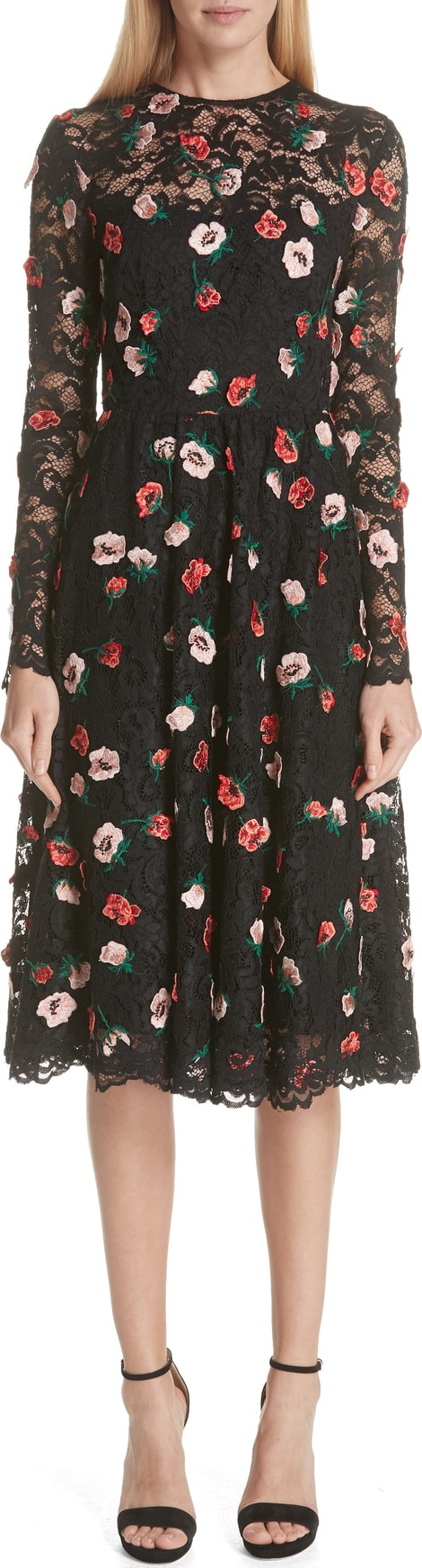 Lela Rose Floral Embroidered Lace Midi Dress