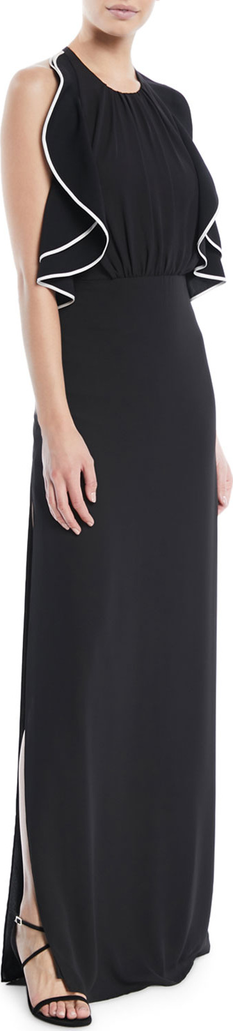 HALSTON HERITAGE Open-Back Gown w/ Ruffle Detail