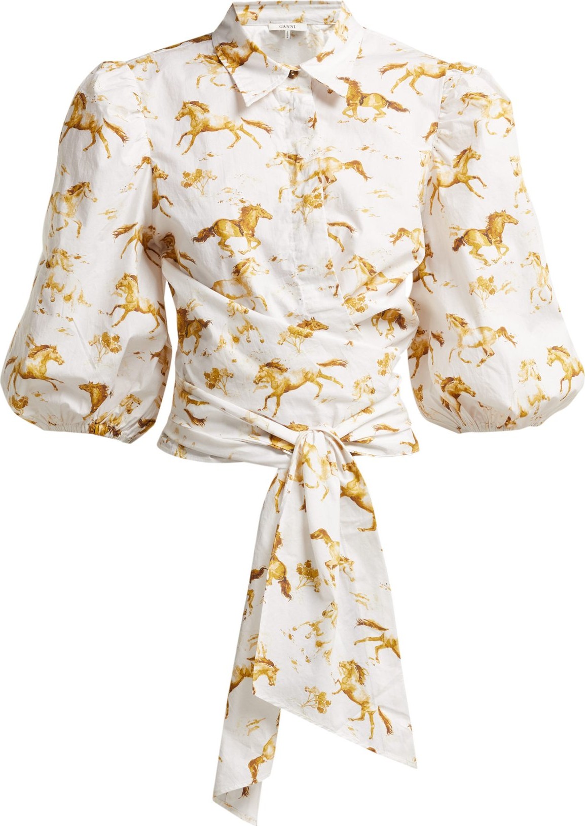 Ganni Weston equestrian-print waist-tie blouse