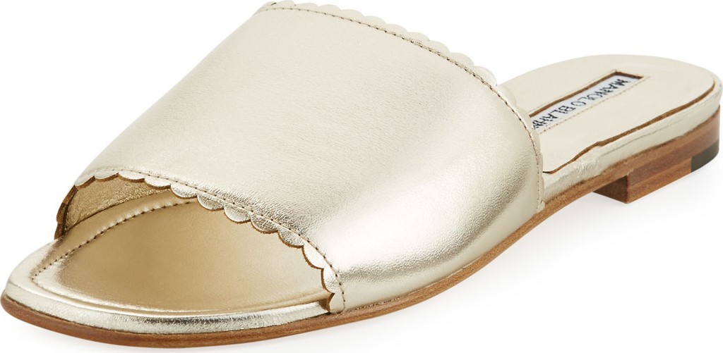 Manolo Blahnik Arcara Metallic Flat Slide Sandals, Gold