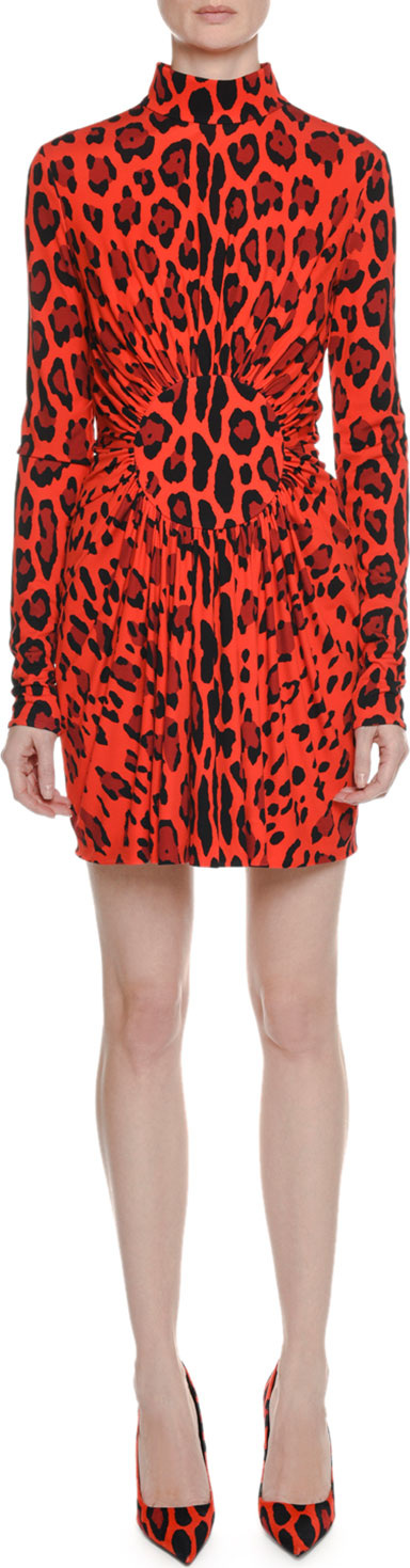 TOM FORD Long-Sleeve Circle-Center Shirred Jaguar-Print Dress
