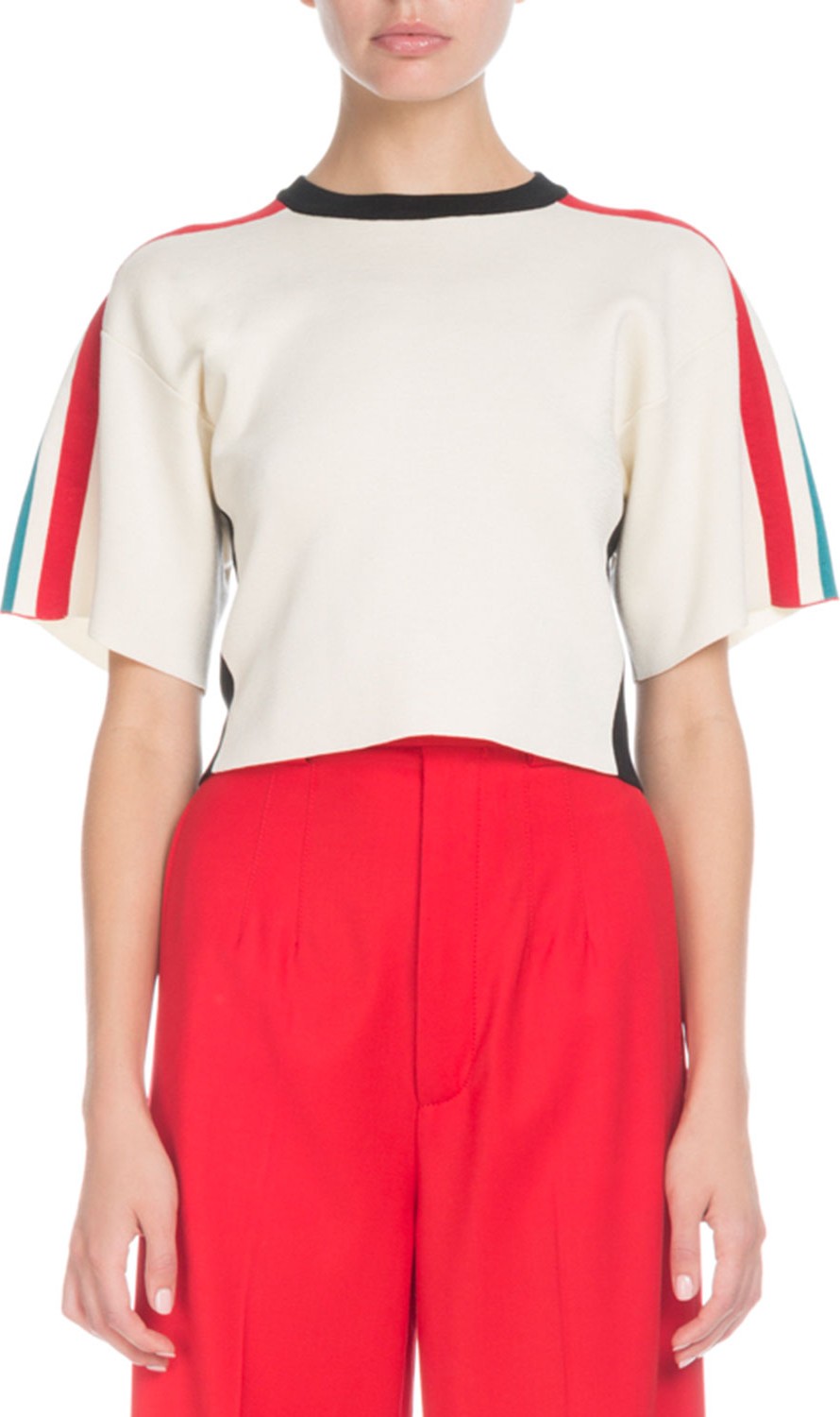 Proenza Schouler Crewneck Short-Sleeve Racer-Stripe Crop Sweater