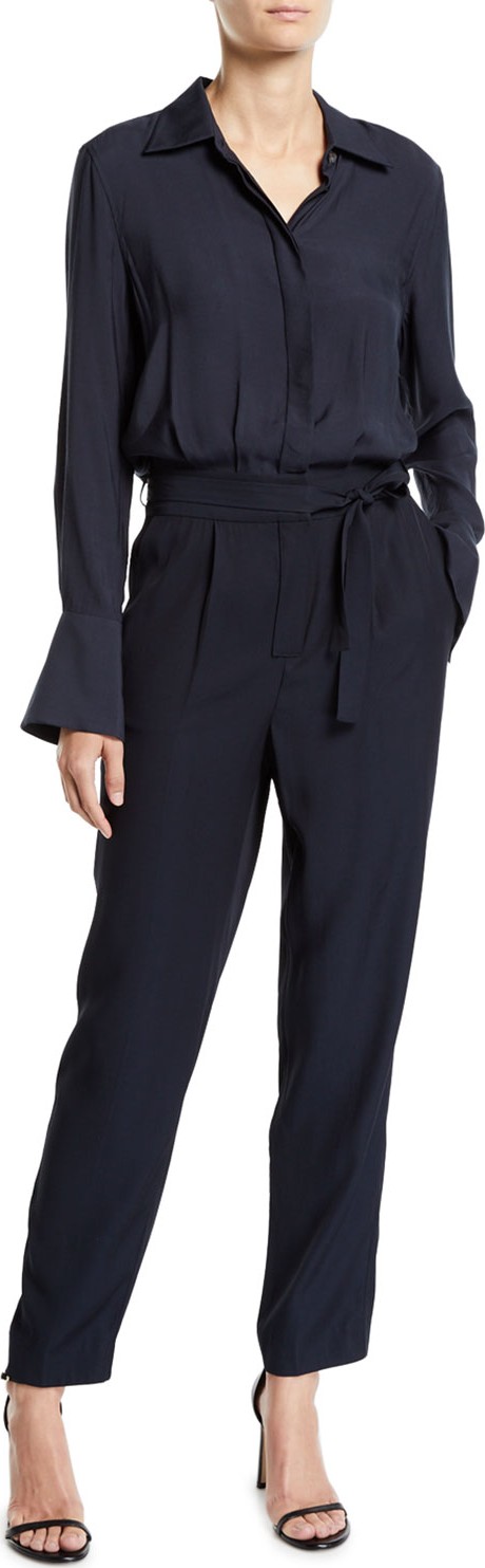 Equipment Andrea Button-Front Long-Sleeve Belted Jumpsuit w/ Pockets