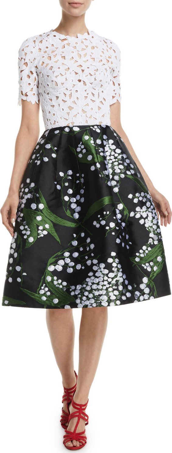 Oscar De La Renta Lace-Guipure Top Botanical-Embroidered Skirt Dress w/ Pockets