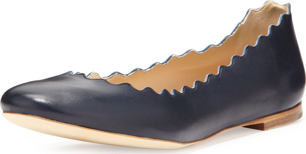 Chloe Scalloped Leather Ballet Flats  Navy