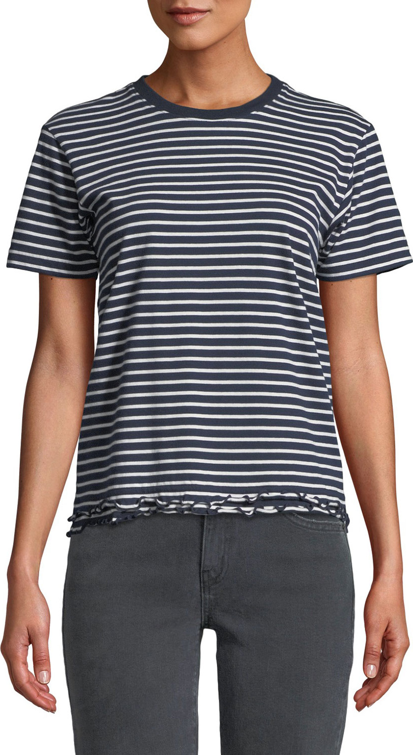 Derek Lam 10 Crosby Striped Ruffle-Hem Crewneck Tee