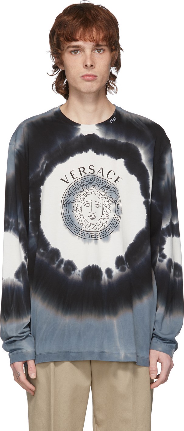 Versace Black & White Tie-Dye Logo Long Sleeve T-Shirt
