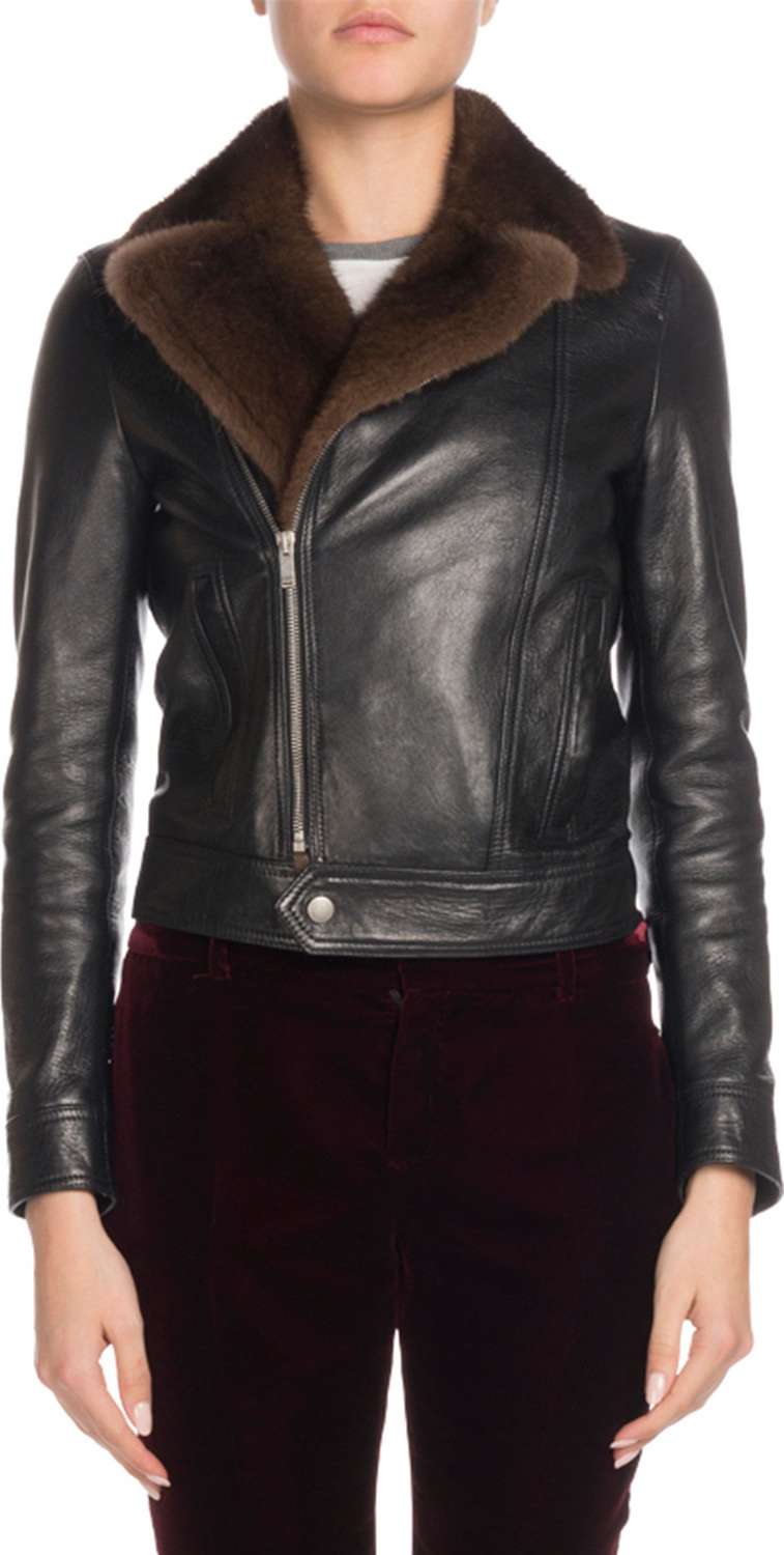 Saint Laurent Mink Fur-Collar Leather Moto Jacket