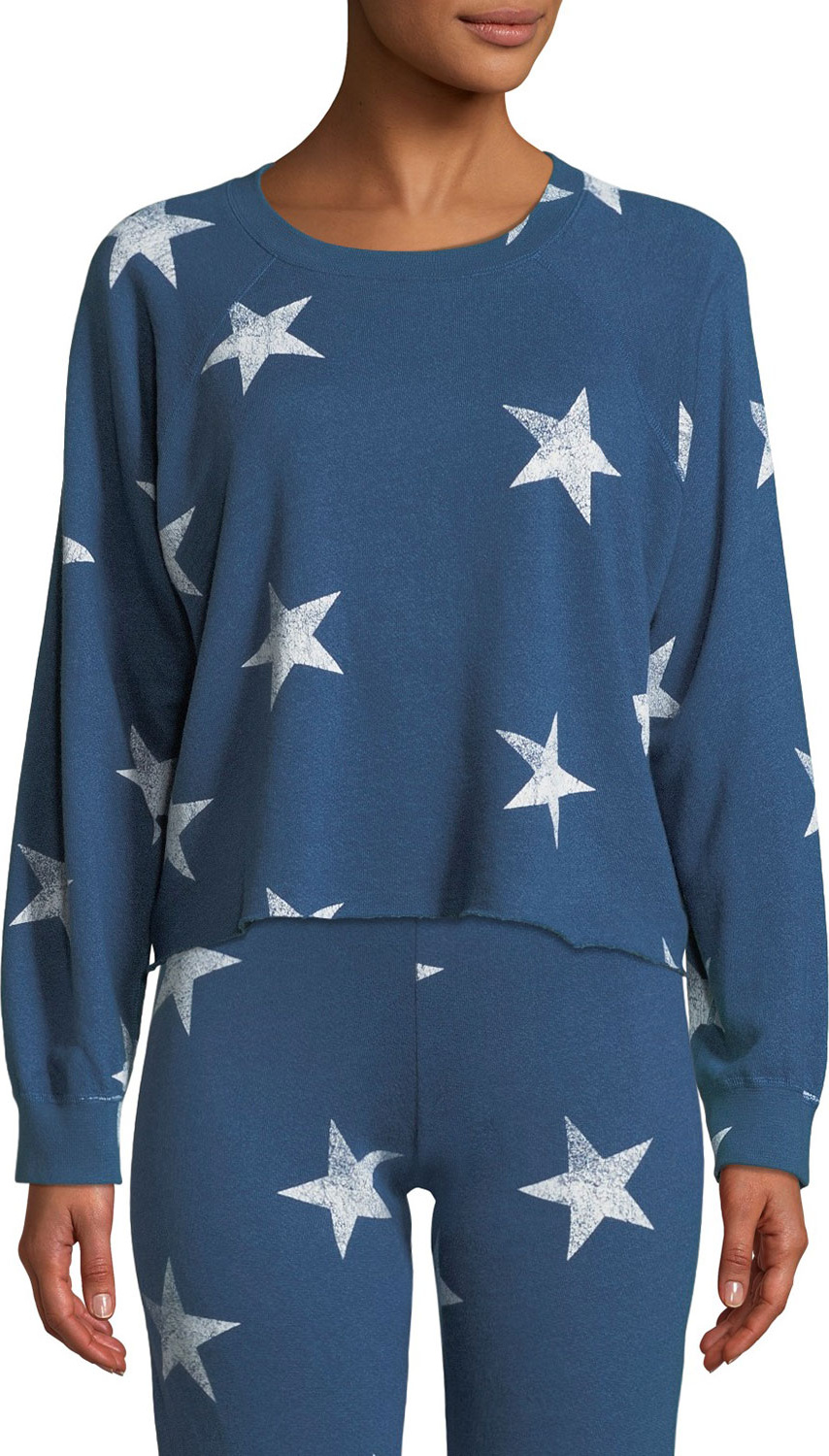 MONROW Star-Print Crewneck Raglan Cutoff Sweatshirt