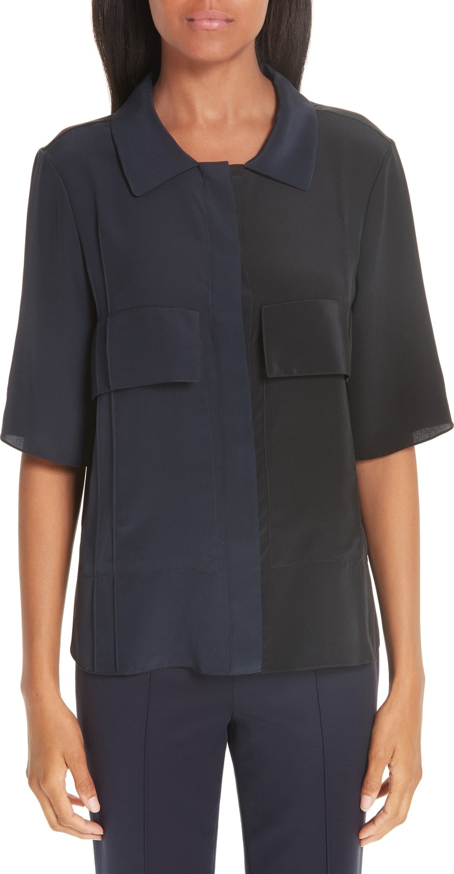 Partow Pocket Two-Tone Silk Blouse