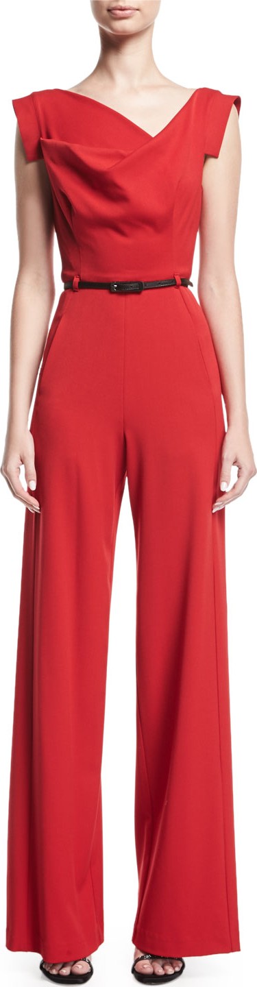 Black Halo Jackie Cap-Sleeve Belted Wide-Leg Jumpsuit