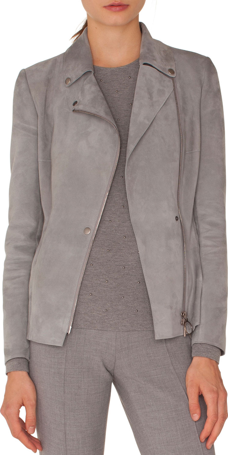 Akris Punto Asymmetric-Zip Suede Biker Jacket