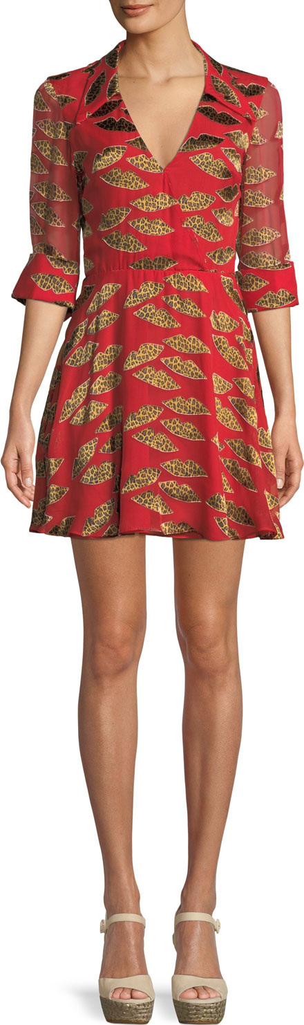 Alice + Olivia x Donald Robertson Catina Faux-Wrap Cheetah Lips Dress