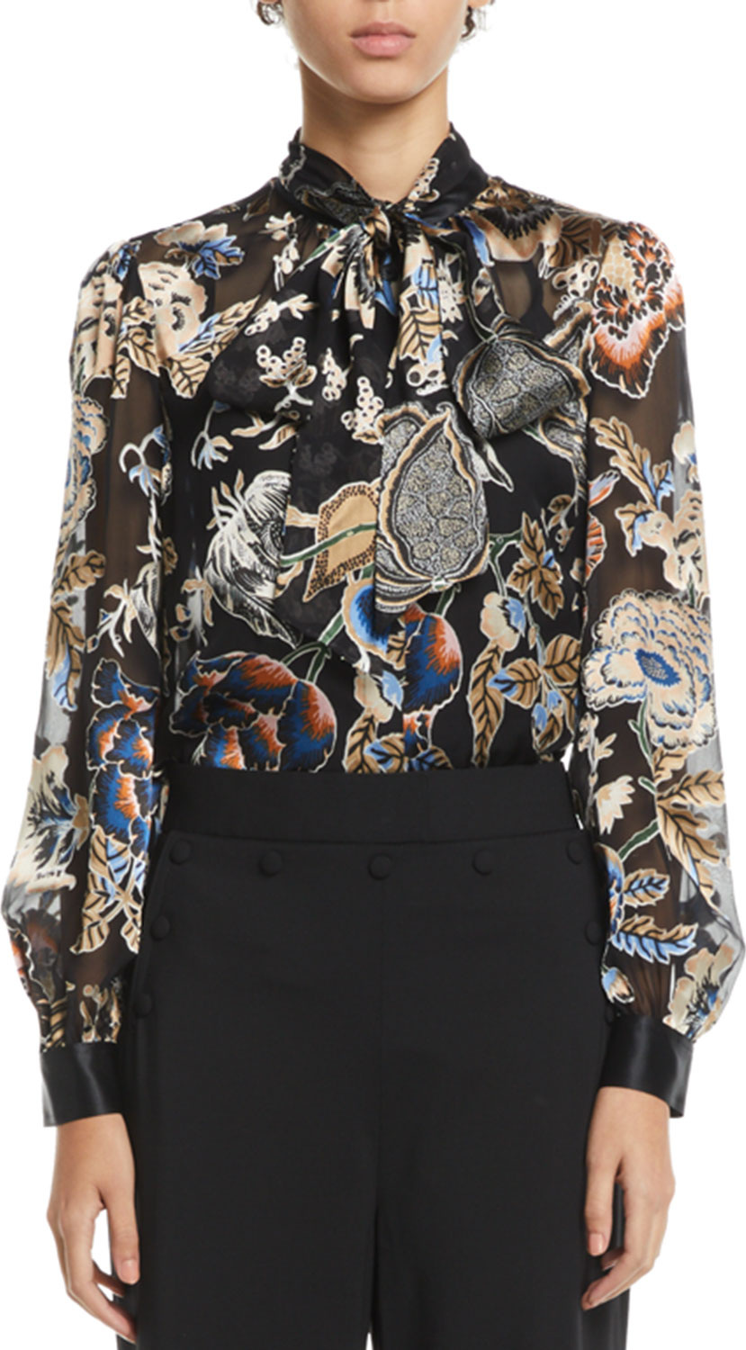 Tory Burch Floral Satin Burnout Tie-Neck Blouse