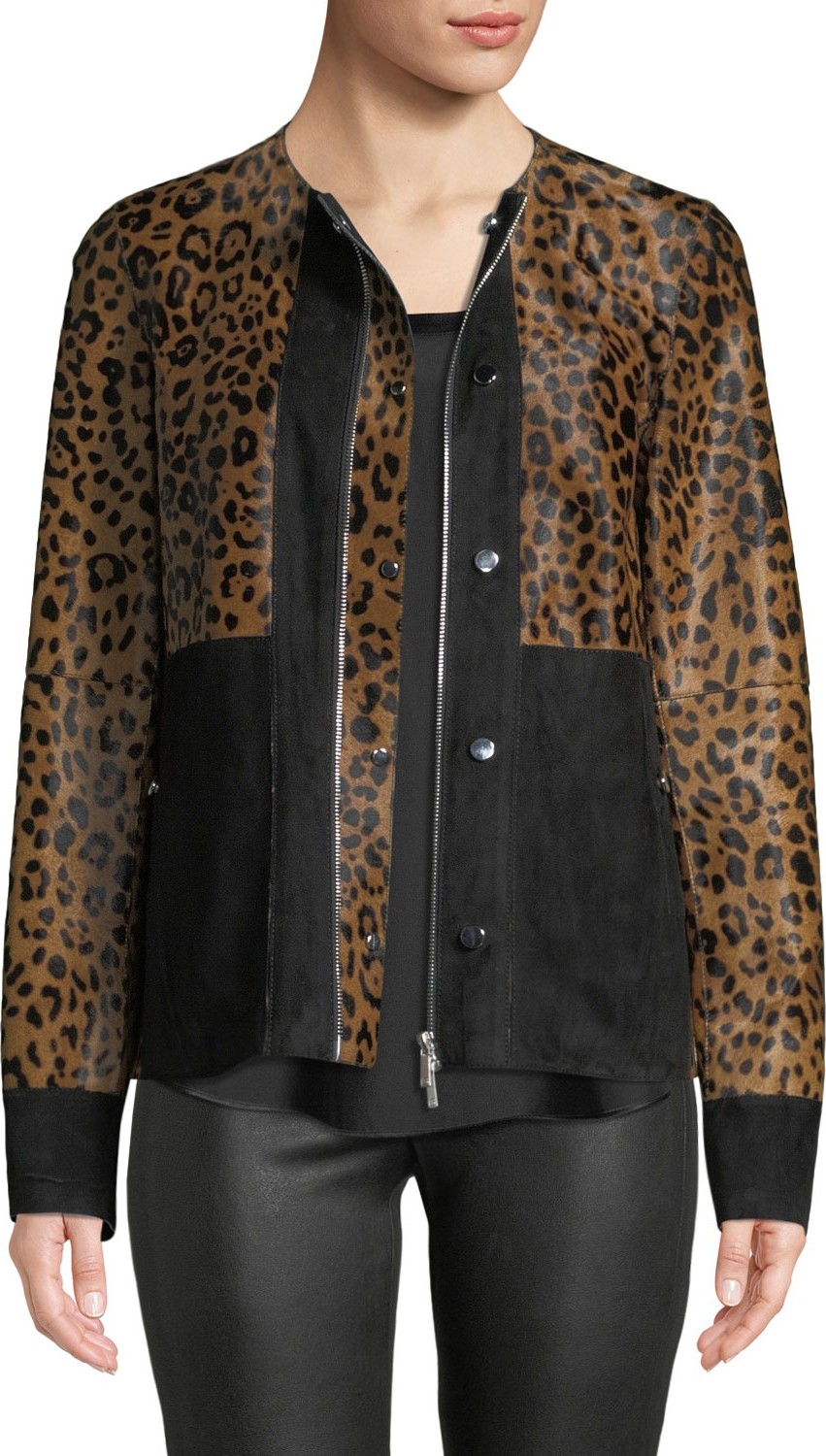 Lafayette 148 New York Suki Zip-Front Suede & Leopard-Print Calf Hair Jacket