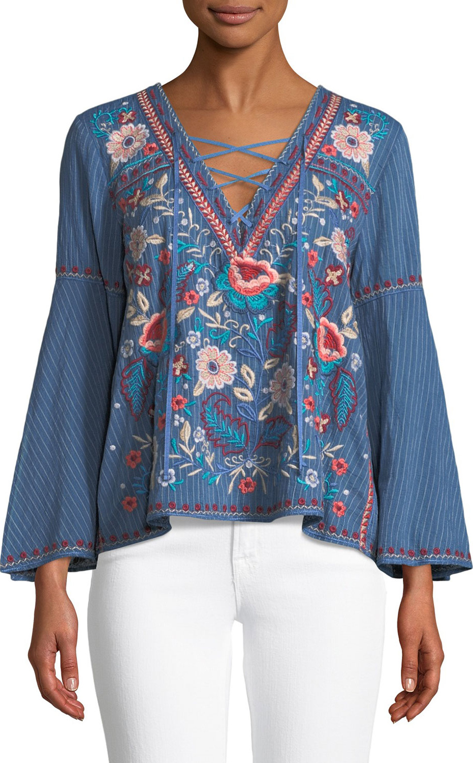 Johnny Was Oman Lace-Up Bell-Sleeve Swing Blouse