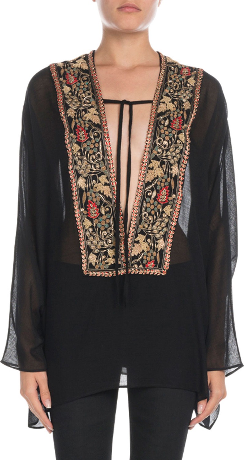 Saint Laurent Embroidered Tie-Neck Sheer Boho Blouse