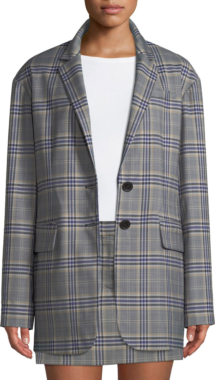Tibi Lucas Plaid Suiting Oversized Single-Breasted Blazer