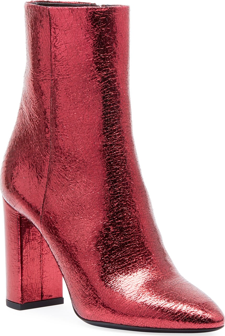 Saint Laurent Lou Crackled Metallic Leather Mid-Heel Bootie