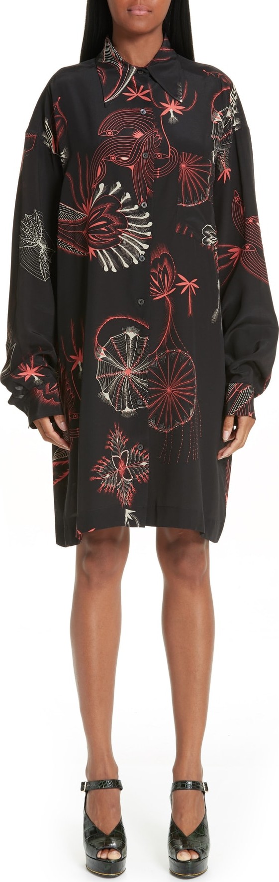 Dries Van Noten Coral Print Silk Shirtdress