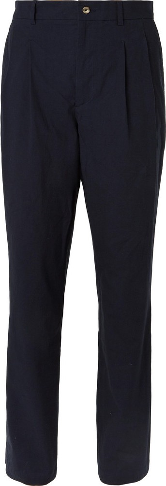 De Bonne Facture Navy Wide-Leg Pleated Brushed-Cotton Trousers