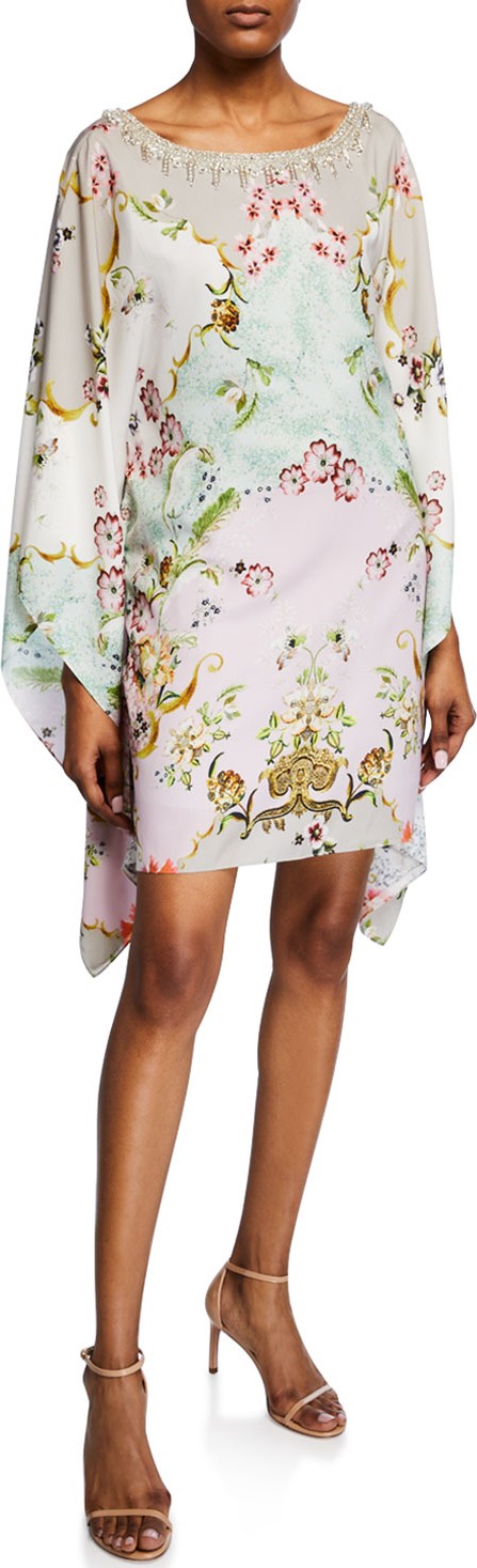 Badgley Mischka Alice Print Embellished Necklace-Trim Short Caftan